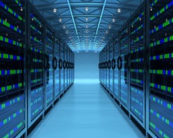 Network and internet telecommunication equipment in server room, data center interior