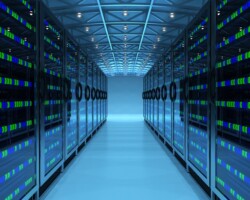 Network and internet telecommunication equipment in server room, data center interior